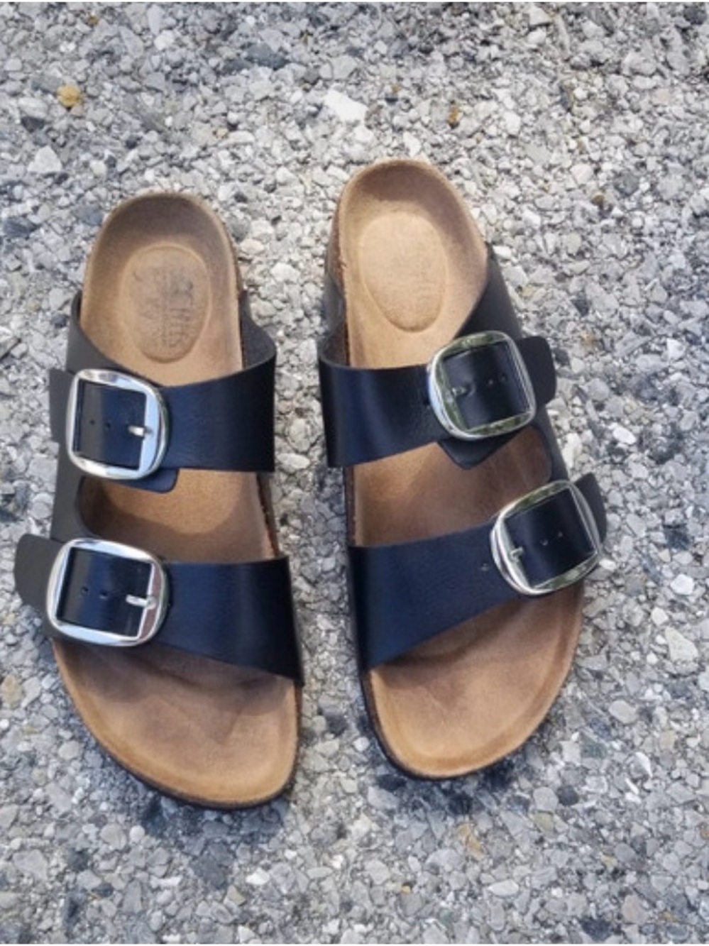 a.n.a Black Slide Sandals with Silver Buckles